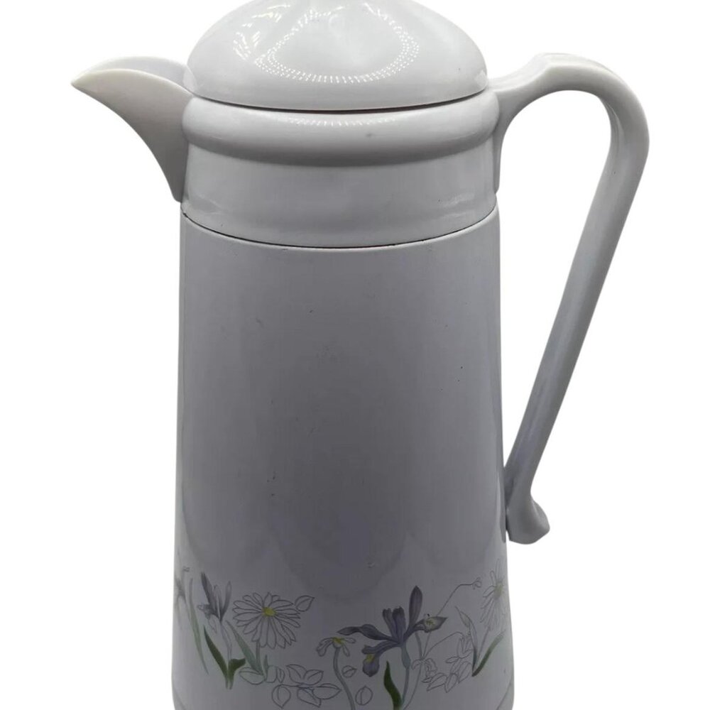 Vintage White Floral Insulated Thermos King Seeley Carafe Pitcher Taiwan Used